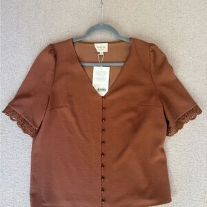 Sezane Thalia Cafe Brown Lace Sleeve Blouse NWT Size US 4/ Size 36